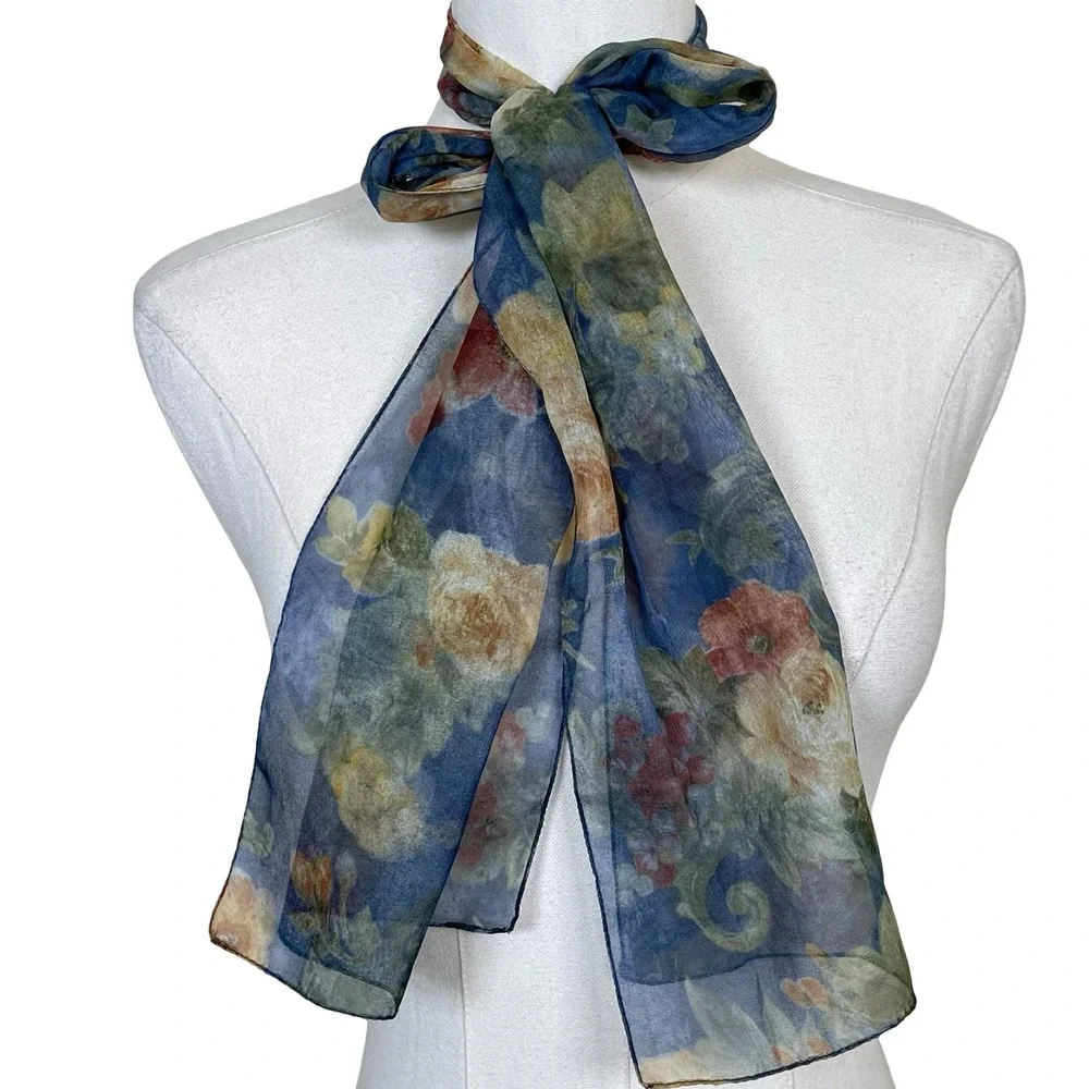 Vintage Floral Sheer Chiffon Scarf Blue‎ Multi Botanical Rose  Whimsigoth Y2K